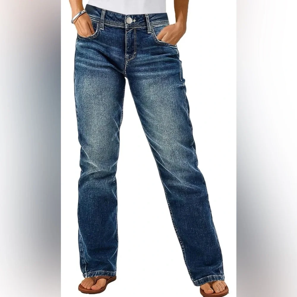 Flamingals Straight Leg Boyfriend Jeans for Women Trendy Mid Rise Wash Stretchy - Picture 3 of 11